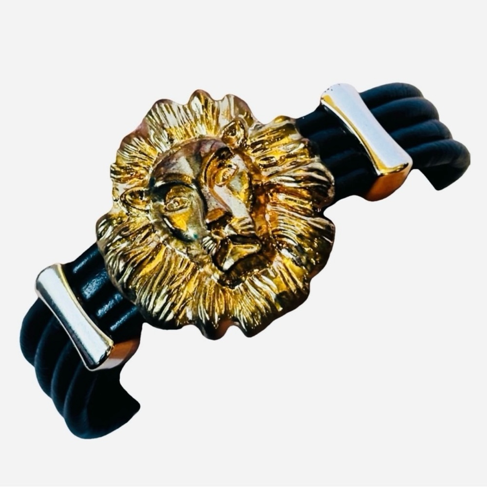 Fine Art Black Leather Gold Metal Bracelet Lion Medusa Designer Runway Vintage